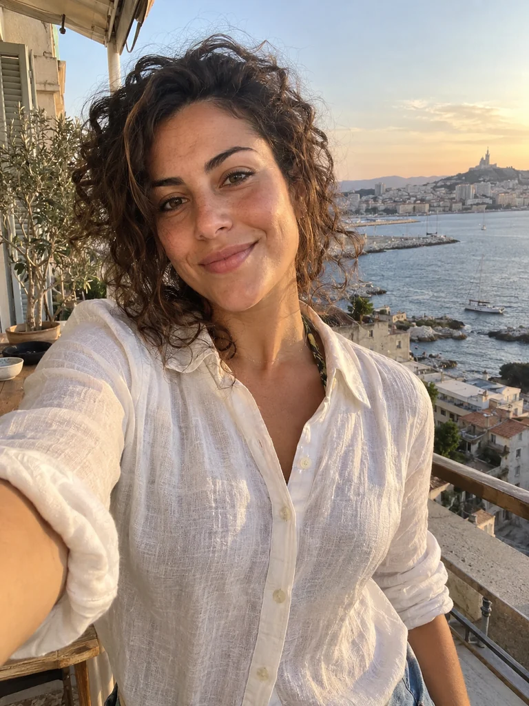 Illustration IA : créatrice adulte fictive en chemise de lin sur une terrasse à Marseille.